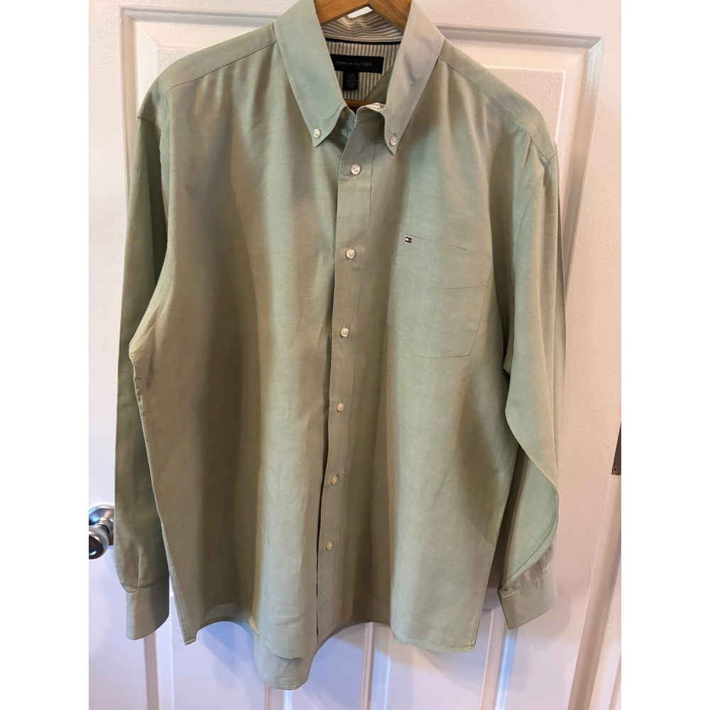 Tommy Hilfiger Mens Large Sage Green Button Down Long Sleeve Shirt Logo Pocket
